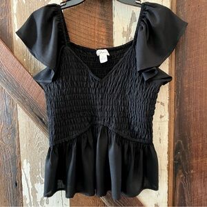 Japna Black Ruffle Sleeve Top w/Peplum